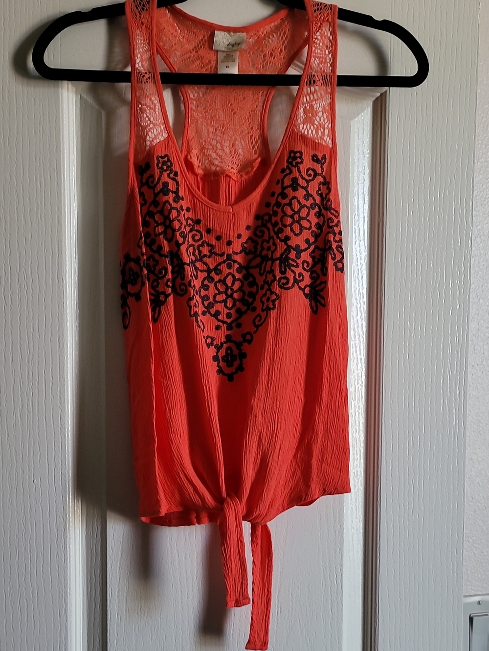Daytrip Coral Tank Top with Black Floral Embroidery